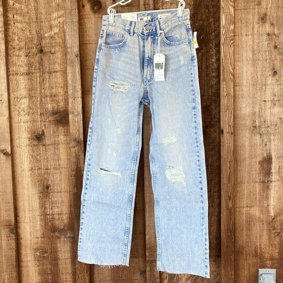 People ROF High Rise Maria Mom W/Rips Raw Edge Hem Faded Wash Skinny Leg Jeans - Picture 3 of 8